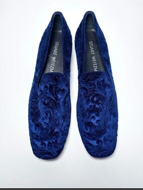 Stuart Weitzman Navy Blue Velvet Embossed Slip-On Loafers